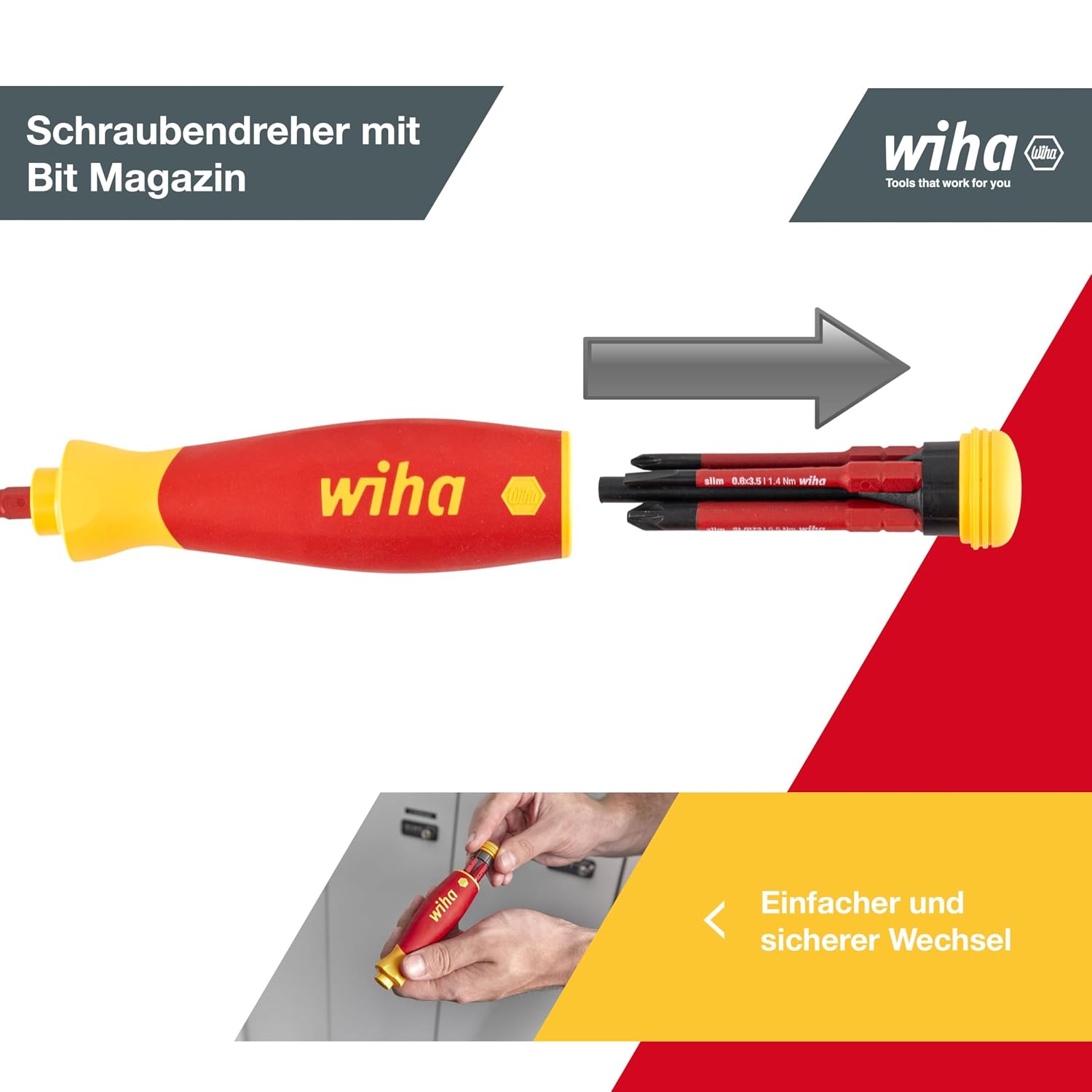 Der Griff mit ausgefahrenem Bit-Magazin, Bitwechsel durch Knopfdruck