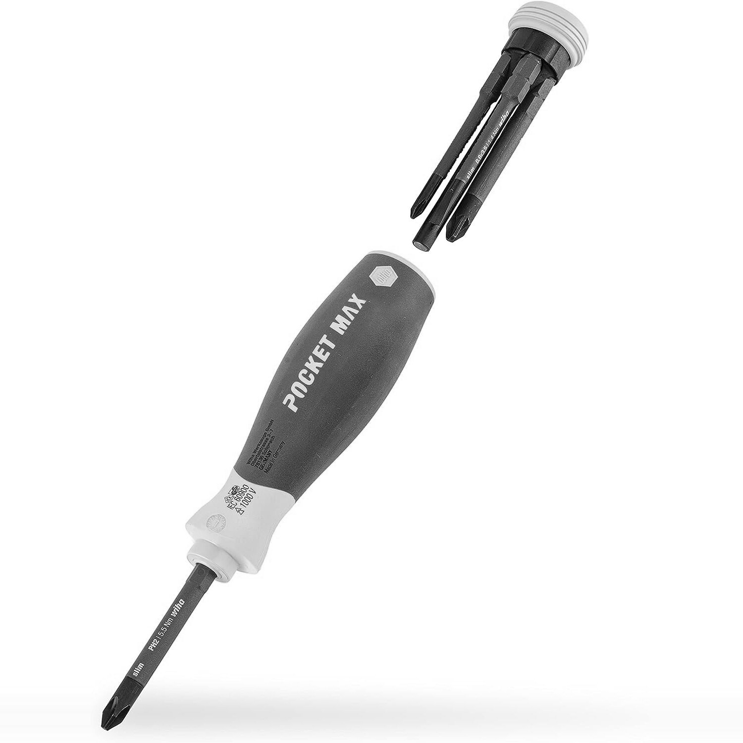 Wiha PocketMax electric Schraubendreher-Set 4-teilig Wiha PocketMax electric Schraubendreher in Rot und Gelb mit vier daneben aufgefaecherten slimBits