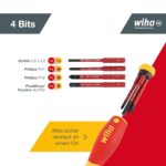 Uebersicht der vier slimBits: Schlitz 0,8 x 3,5, Phillips PH1, Phillips PH2 und PlusMinus Pozidriv SL/PZ2, alle im Griff verstaut
