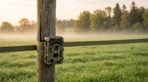 Wildkamera mit Antenne an einem Holzpfosten am Rand einer Wiese im Morgenlicht