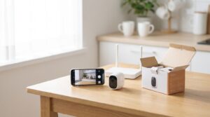 Smartphone mit Live-Bild der Kamera auf einem hellen Kuechentisch neben WLAN-Kamera und Router