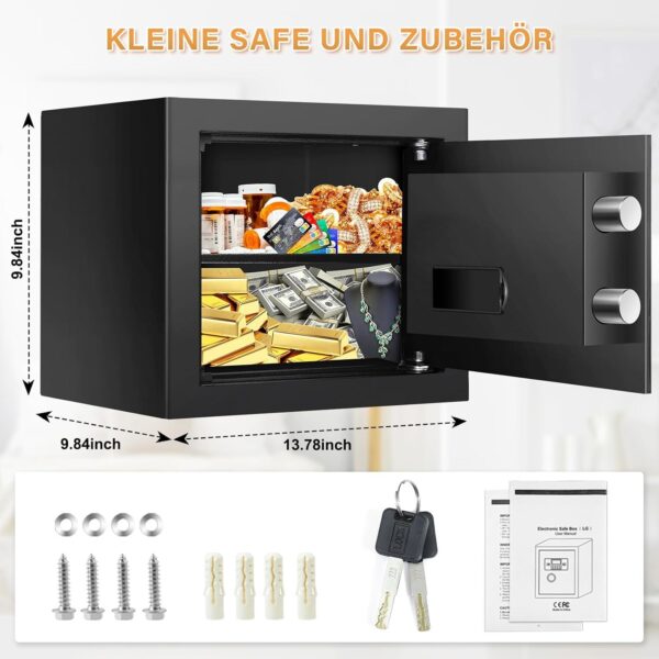 Schwarzer Möbeltresor mit elektronischem Zahlenschloss, Drehknauf und drei Riegelbolzen, Tür geöffnet