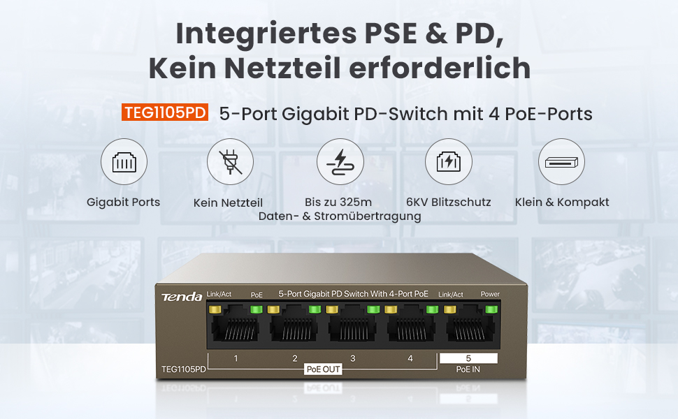 Tenda TEG1105PD PoE-versorgter 5-Port-Switch – Detail 1