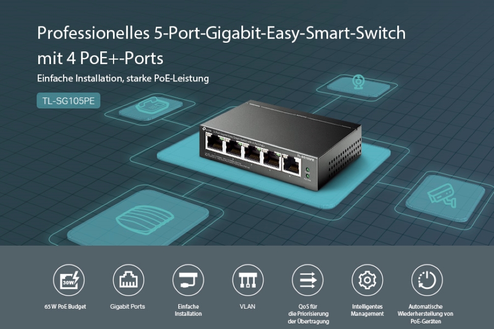 TP-Link TL-SG105PE Managed PoE-Switch mit 4 PoE+-Ports – Detail 1