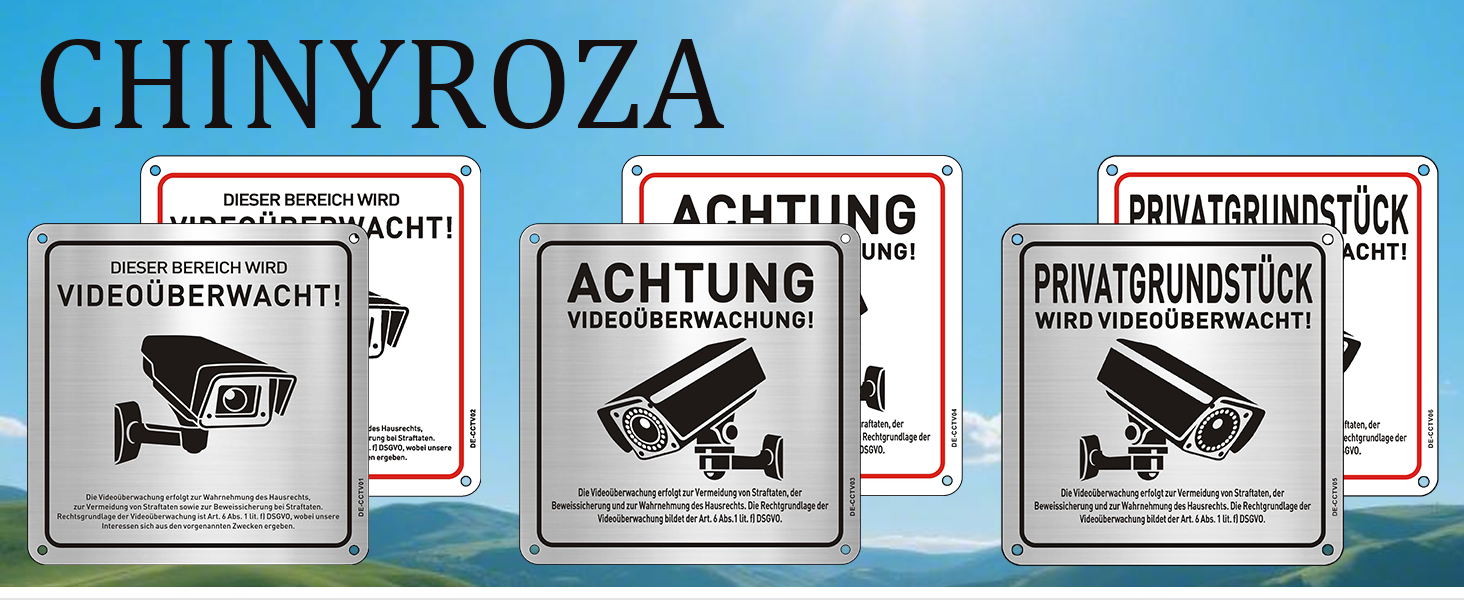 CHINYROZA Warnschild Videoüberwachung mit DSGVO-Hinweis, Aluminium – Detail 1