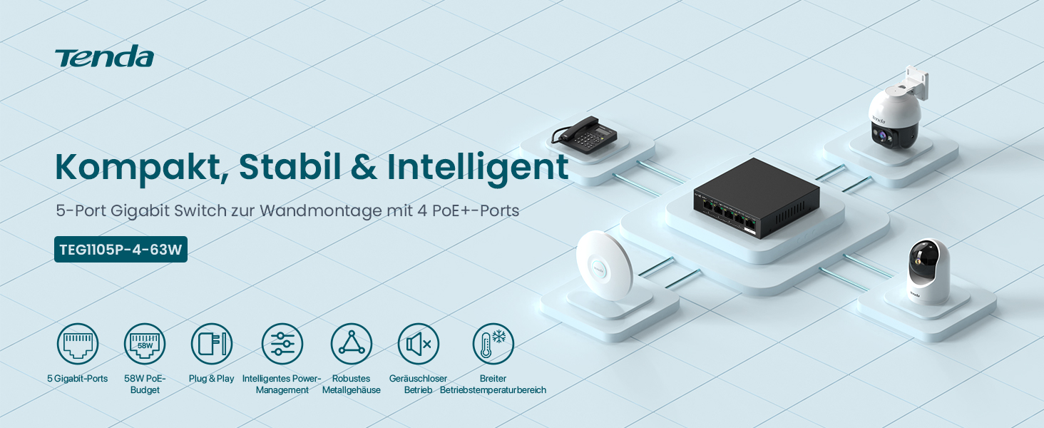 Tenda TEG1105P-4-63W PoE Switch mit vier PoE+-Ports – Detail 1