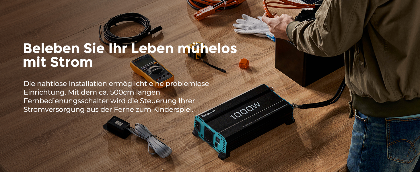 Renogy 1000 W Wechselrichter 12 V auf 230 V reiner Sinus mit Netzvorrangschaltung – Detail 2