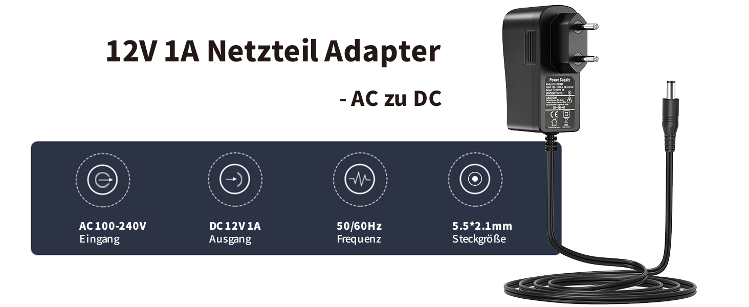 Tonton 12-V-Netzteil 1 A mit 5,5 × 2,1-mm-Hohlstecker – Detail 1