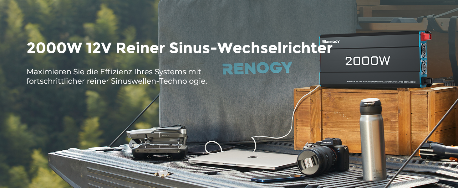 Renogy 2000 W Wechselrichter 12 V auf 230 V reiner Sinus mit Netzvorrangschaltung – Detail 1