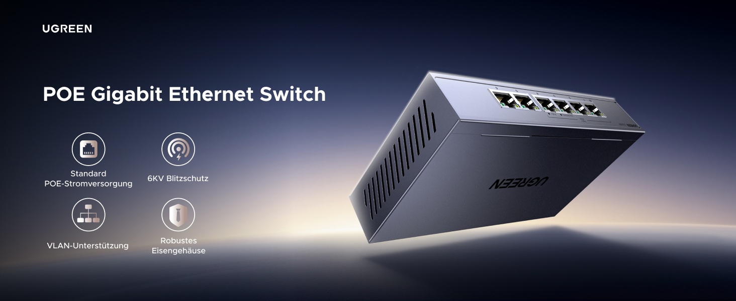 UGREEN PoE Switch mit vier PoE+-Ports und zwei Uplink-Ports – Detail 1
