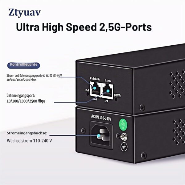 Ztyuav 2,5G PoE++ Injektor 90 W