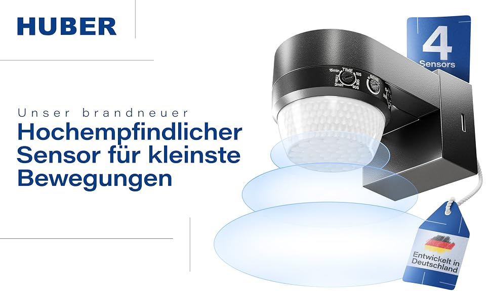 Anthrazitfarbener Bewegungsmelder HUBER Motion 100 auf Wandarm mit nach unten gerichteter weisser Fresnel-Linse und drei Drehreglern – Detail 1