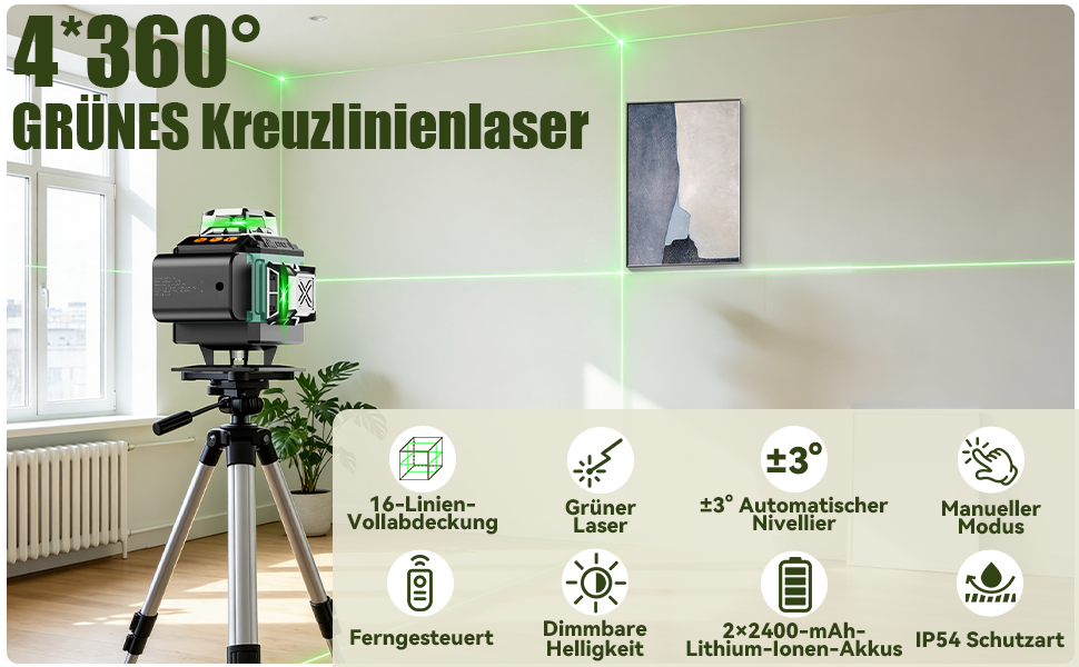 Grün-schwarzer Kreuzlinienlaser mit vier Austrittsfenstern auf Drehsockel, daneben Hartschalenkoffer, zwei Wechselakkus, Fernbedienung, Magnethalter und Mini-Stativ – Detail 1