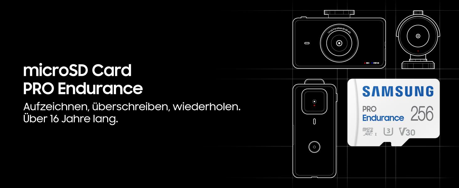 Weisse microSD-Karte Samsung PRO Endurance mit 256 GB sowie U3- und V30-Kennzeichnung – Detail 1