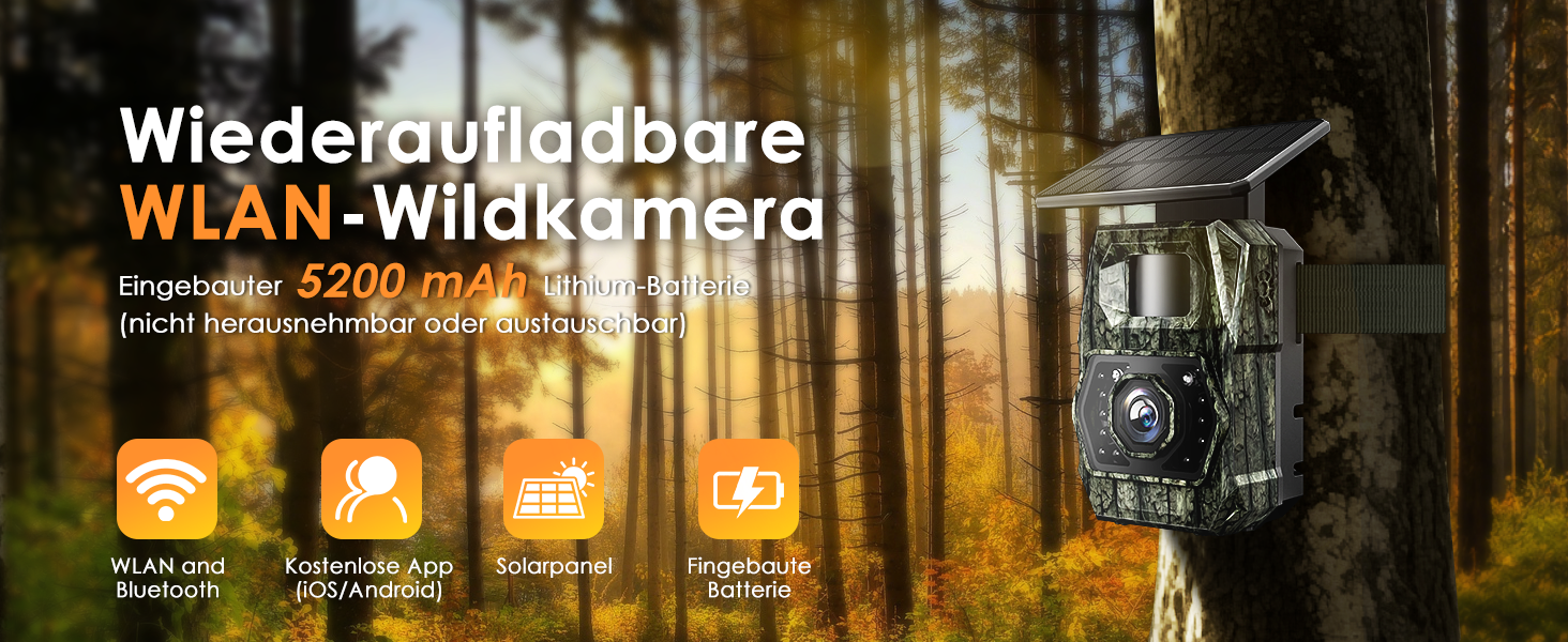 Solar-Wildkamera MAXDONE PH970S mit aufgesetztem Solarpanel, Objektiv und Infrarot-LEDs, Gehäuse im Tarnmuster – Detail 1