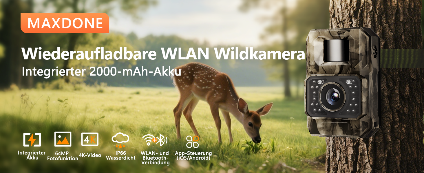 Wildkamera MAXDONE PH960W im Tarnmuster mit Objektiv, Infrarot-LEDs und Bewegungssensor an der Front – Detail 1