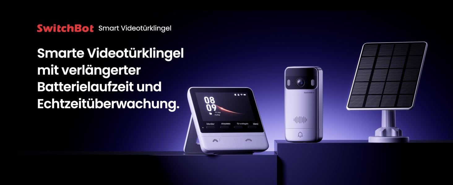 Silberne SwitchBot Video-Türklingel mit runder Weitwinkellinse, weisser 4,3-Zoll-Innenmonitor mit Standfuss und schwarzes Solarpanel auf schwenkbarem weissem Montagearm mit USB-C-Kabel – Detail 1