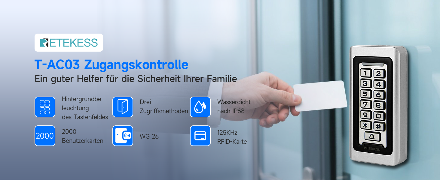 Retekess T-AC03 Codeschloss in Silber aus Zinklegierung mit blau beleuchteter Zifferntastatur, Klingeltaste und zehn blauen RFID-Schlüsselanhängern – Detail 1