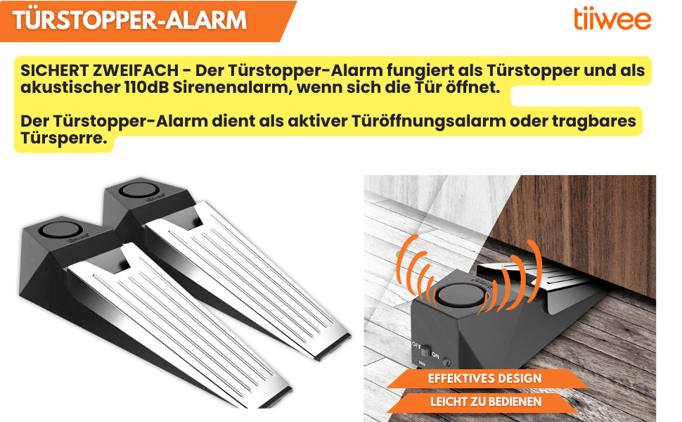 Zwei schwarze Alarm-Türstopper von tiiwee mit gebürsteter Oberseite und rundem Alarmschalter – Detail 1