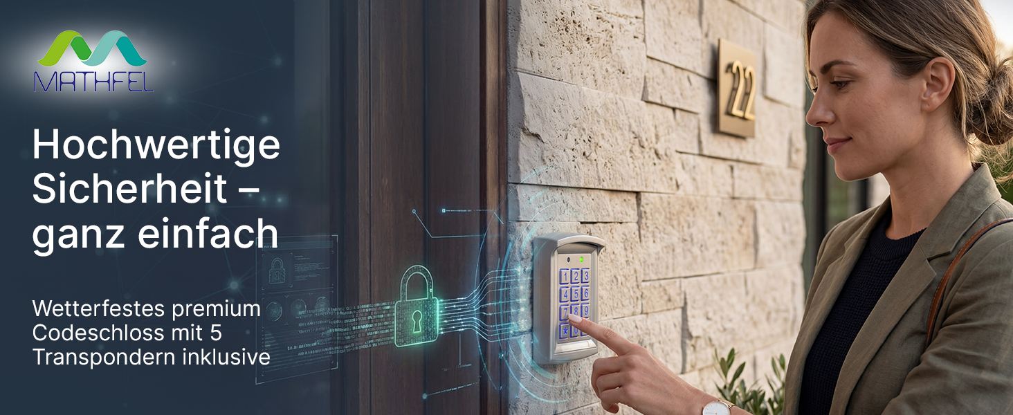 MATHFEL Codeschloss AC290SDK in Anthrazit aus druckgegossenem Aluminium mit Zifferntastatur und fünf blauen RFID-Transpondern – Detail 1