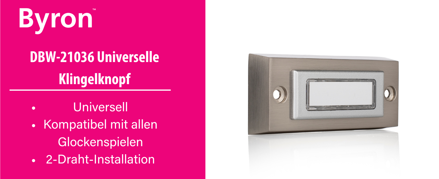 Rechteckiger Klingeltaster Byron DBW-21036 aus gebürstetem Edelstahl mit weissem Namensschild hinter klarem Fenster – Detail 1
