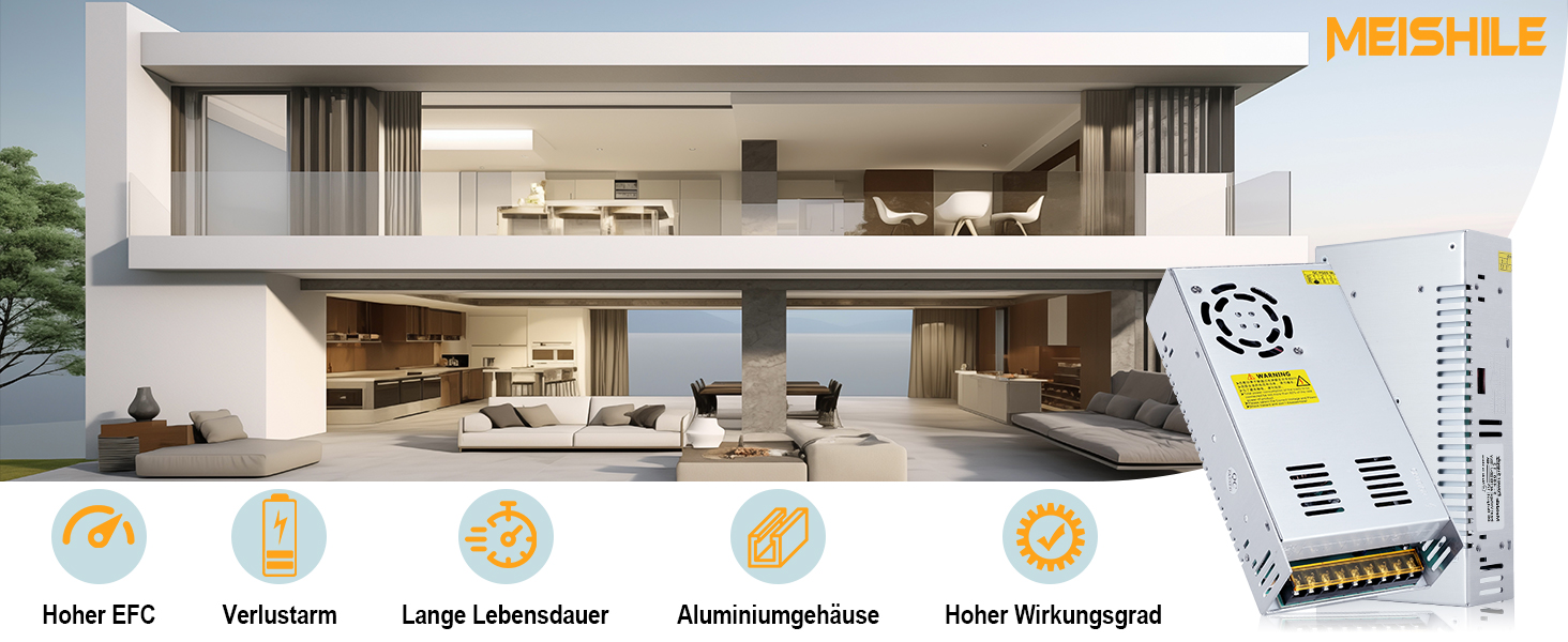 Offenes Schaltnetzteil MEISHILE S-600-12 im silbernen Aluminiumgehäuse mit Lüfteröffnung und Schraubklemmenleiste – Detail 1