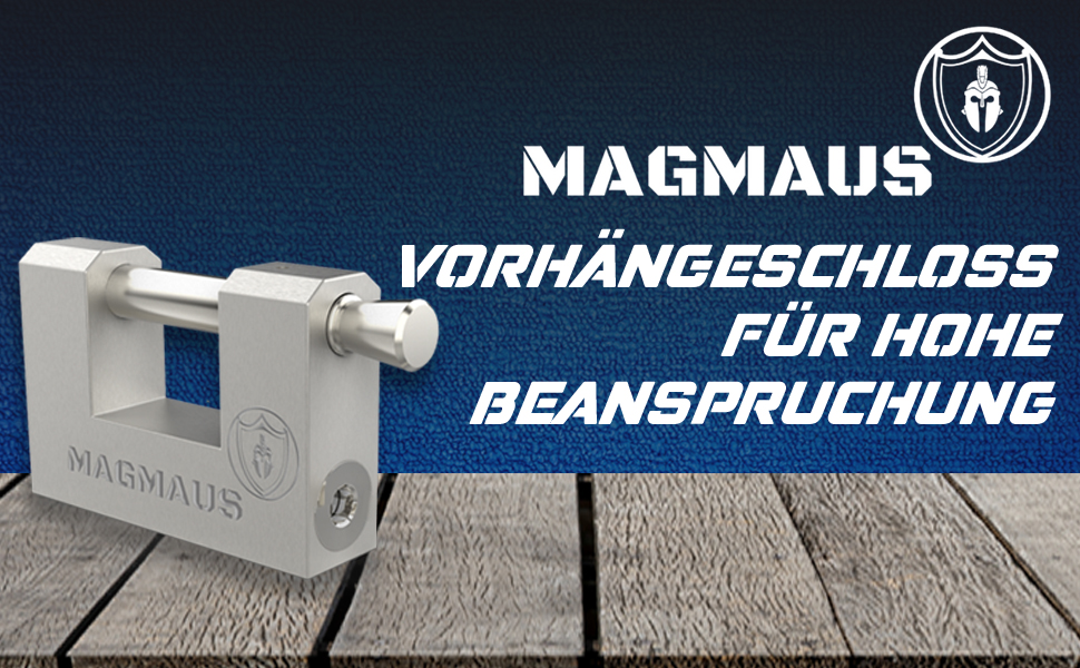 Silbernes Blockschloss Magmaus RTL50 aus Edelstahl mit gerader Riegelstange und drei blauen Schlüsseln – Detail 1