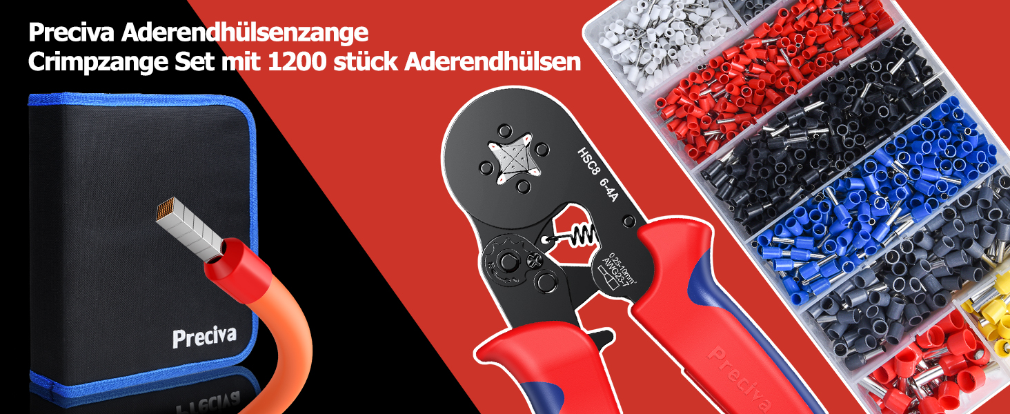 Rot-schwarze Preciva Aderendhülsenzange HSC8 6-4A neben der Sortimentsbox mit 1200 farbig sortierten Aderendhülsen – Detail 1