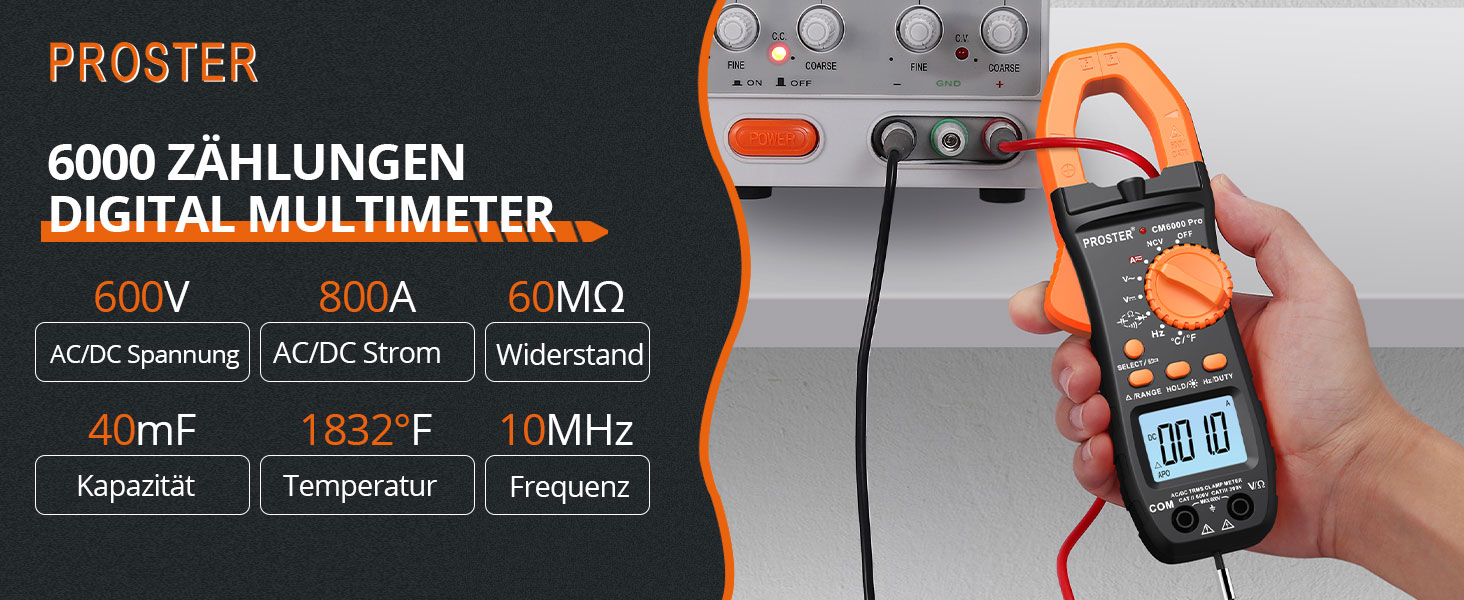 Orange-schwarze Proster Stromzange mit beleuchtetem LCD, geöffneten Messbacken, Messleitungen, Krokodilklemmen und Aufbewahrungstasche – Detail 1