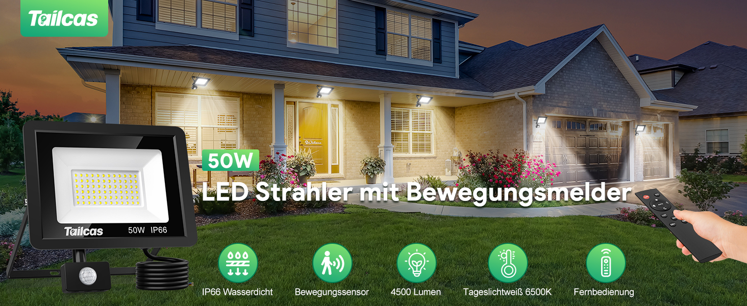 Schwarzer LED-Flutlichtstrahler Tailcas mit PIR-Bewegungsmelder, Montagebügel und Fernbedienung – Detail 1