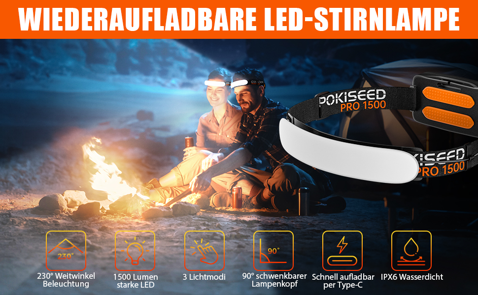 Schwarz-orange LED-Stirnlampe POKISEED PRO 1500 mit breitem Leuchtband, Stirnband, Etui und USB-C-Kabel – Detail 1