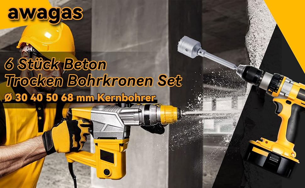 Vier silberne Hohlbohrkronen mit Hartmetallzähnen in den Grössen 30, 40, 50 und 68 mm, daneben Verbindungsstange mit SDS-plus-Schaft, Zentrierbohrer und Schraubenschlüssel – Detail 1