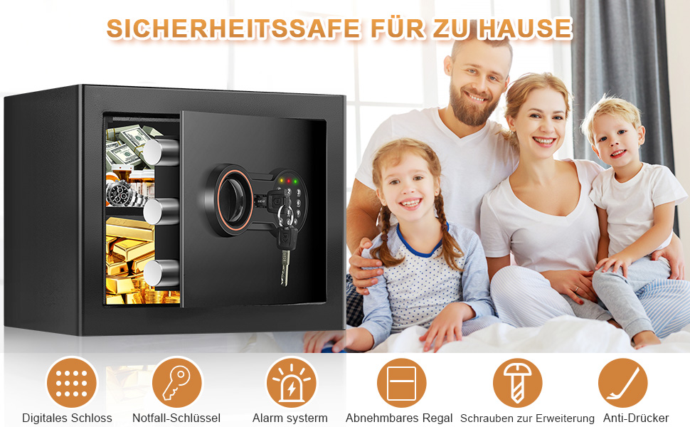 Schwarzer Möbeltresor mit elektronischem Zahlenschloss, Drehknauf und drei Riegelbolzen, Tür geöffnet – Detail 1