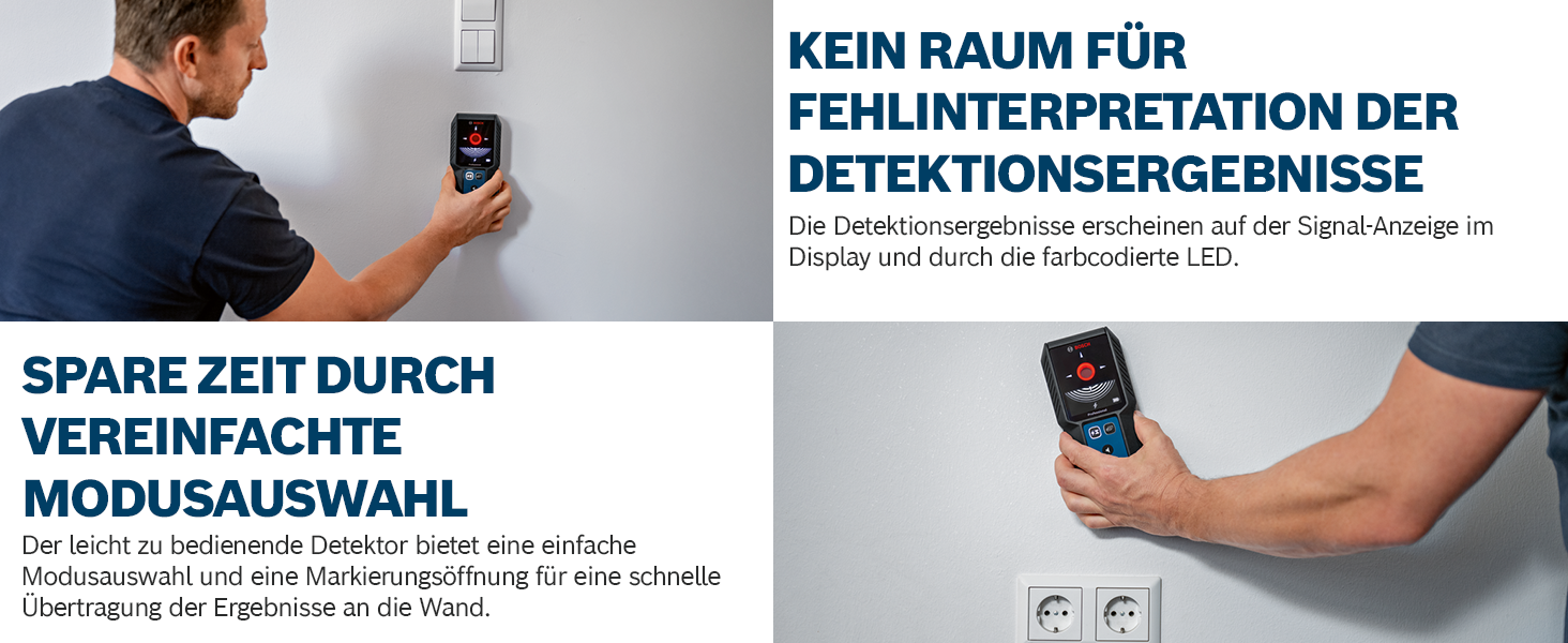 Blau-schwarzes Bosch Professional Ortungsgerät GMS 120-27 mit LCD-Display und roter Markierungsöffnung, daneben schwarze Schutztasche und zwei AA-Batterien – Detail 1