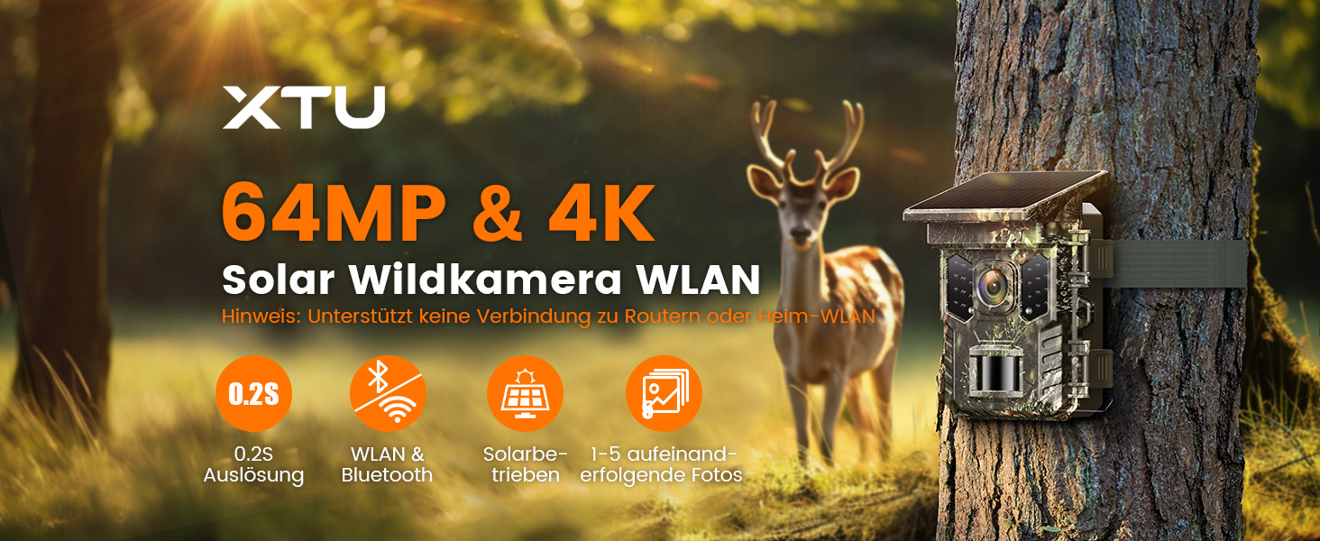 Solar-Wildkamera XTU im Tarnmuster mit aufgesetztem Solarpanel, Objektiv, Bewegungssensor und Infrarot-LEDs – Detail 1