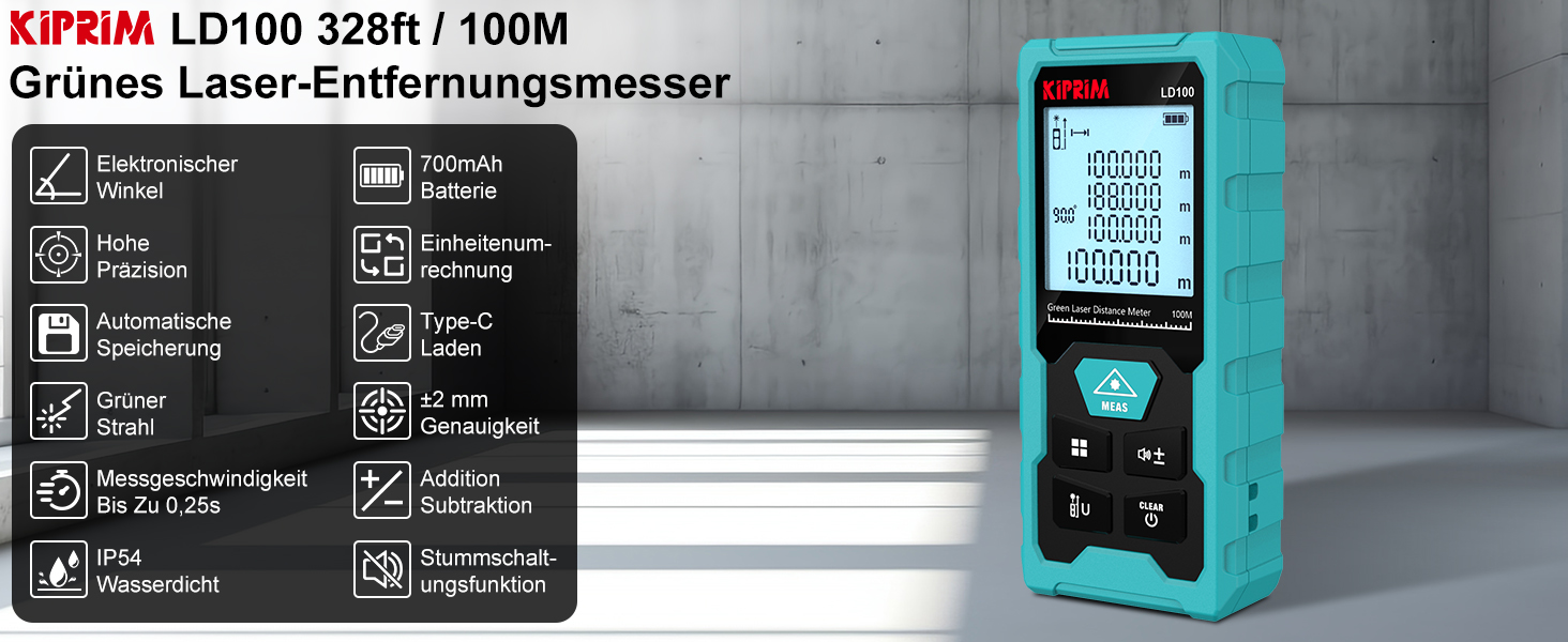 Türkisfarbener Kiprim LD100 Laser-Entfernungsmesser mit grossem LC-Display, grünem Laserstrahl und USB-C-Ladekabel – Detail 1
