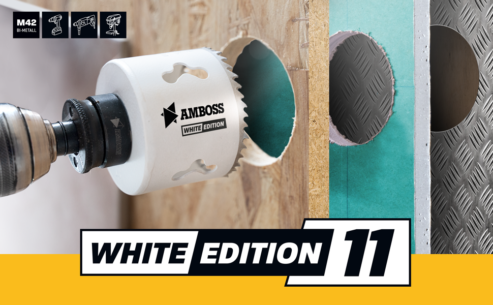 Elfteiliges Amboss White Edition Lochsägen-Set aus Bi-Metall im schwarzen Koffer mit acht weissen Lochsägen von 19 bis 83 mm – Detail 1