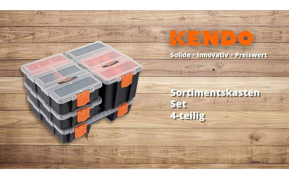 Vier schwarze KENDO Sortierboxen mit orangen Innenfächern und transparenten Deckeln, gestapelt – Detail 1