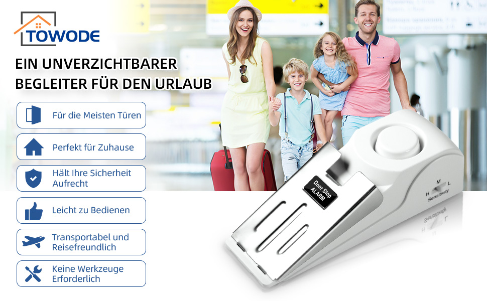 Drei weisse Türstopper-Alarme mit Edelstahlabdeckung, Empfindlichkeitsschalter und Ein-Aus-Schalter – Detail 1