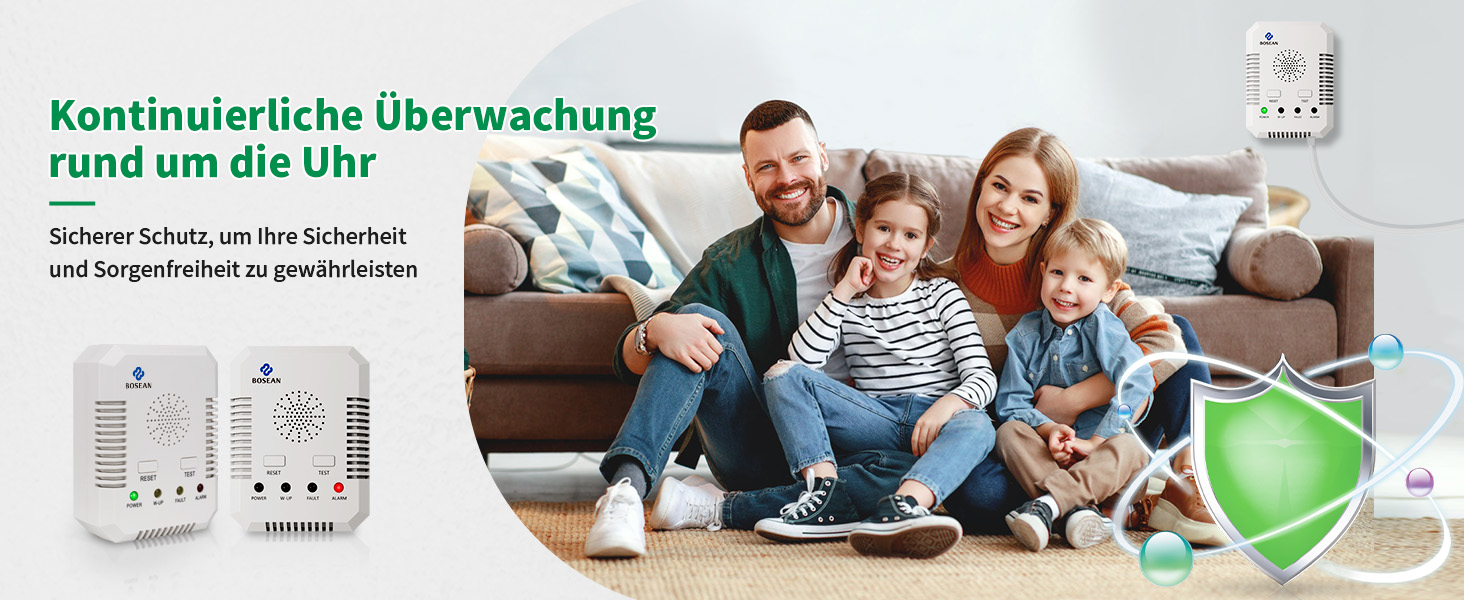 Weisser Bosean BH-H3 Kombimelder für Gas und Kohlenmonoxid mit vier Anzeigeleuchten, RESET- und TEST-Taste und Anschlusskabel mit Eurostecker – Detail 1