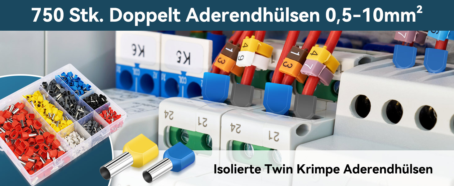 Offene Sortimentsbox mit 750 isolierten Zwillingsaderendhülsen von Lytool in acht Farben, davor eine Reihe einzelner Doppelhülsen – Detail 1
