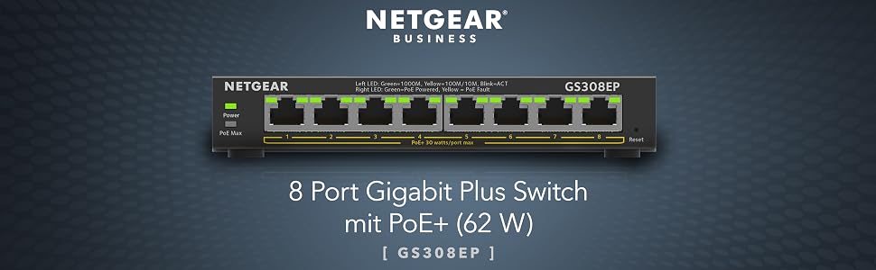 Schwarzer Netgear GS308EP PoE-Switch im Metallgehäuse mit acht RJ45-Buchsen und grünen Status-LEDs – Detail 1
