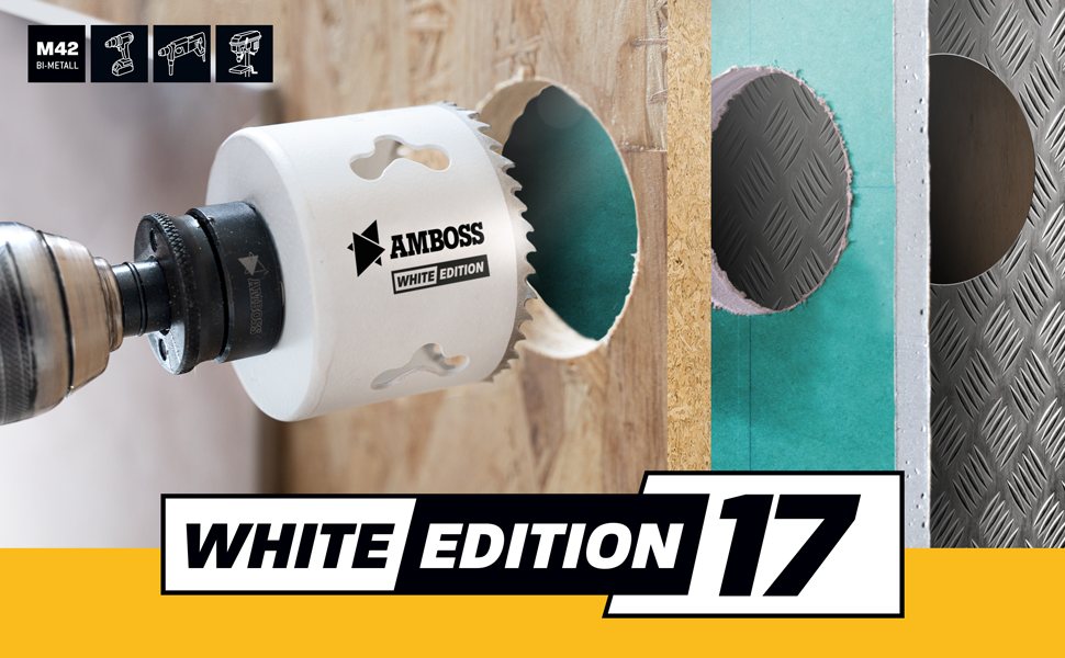 Siebzehnteiliges Amboss White Edition Lochsägen-Set aus Bi-Metall im schwarzen Koffer mit vierzehn weissen Lochsägen von 20 bis 83 mm – Detail 1