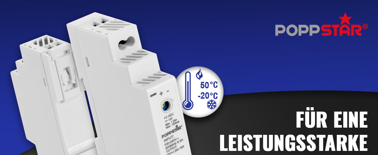 Weisses Hutschienen-Netzteil von Poppstar mit 18 mm Baubreite, Typenschild mit 12 V und 1,25 A, Einstellpotentiometer oben und Schraubklemmen N und L unten – Detail 1