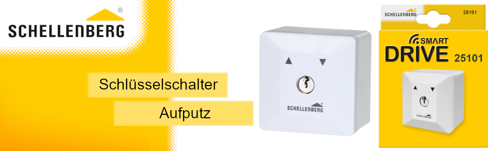 Weisser Aufputz-Schlüsselschalter von Schellenberg mit Schlüssel im Zylinder und zwei Richtungspfeilen auf der Front – Detail 1