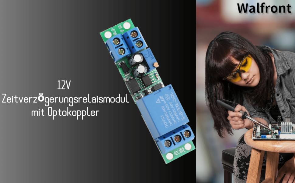 Grüne Platine mit blauem Relais, Potentiometer und drei blauen Schraubklemmen, Zeitrelais-Modul für 12 V – Detail 1