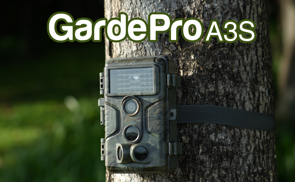 Wildkamera GardePro A3S im Tarnmuster mit Infrarot-LED-Feld, Objektiv und drei Bewegungssensoren – Detail 1