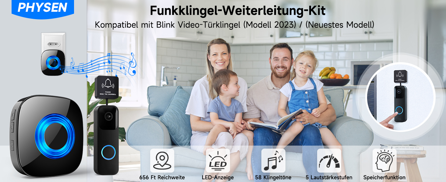Schwarzer PHYSEN Steckdosen-Empfänger mit blau leuchtendem Ring und der zugehörige Funksender mit Anschlussleitung – Detail 1