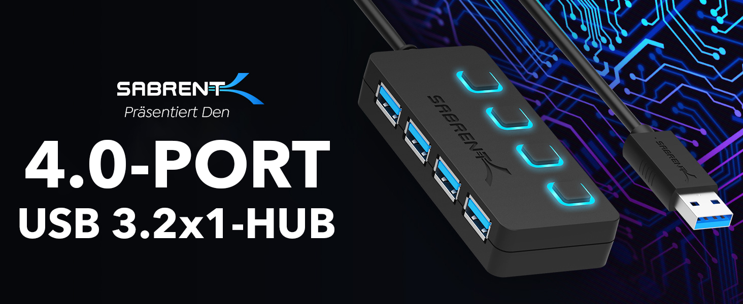Schwarzer SABRENT USB-Hub mit vier USB-A-Anschlüssen, einzelnen Schaltern und blau markierten Ports. – Detail 1