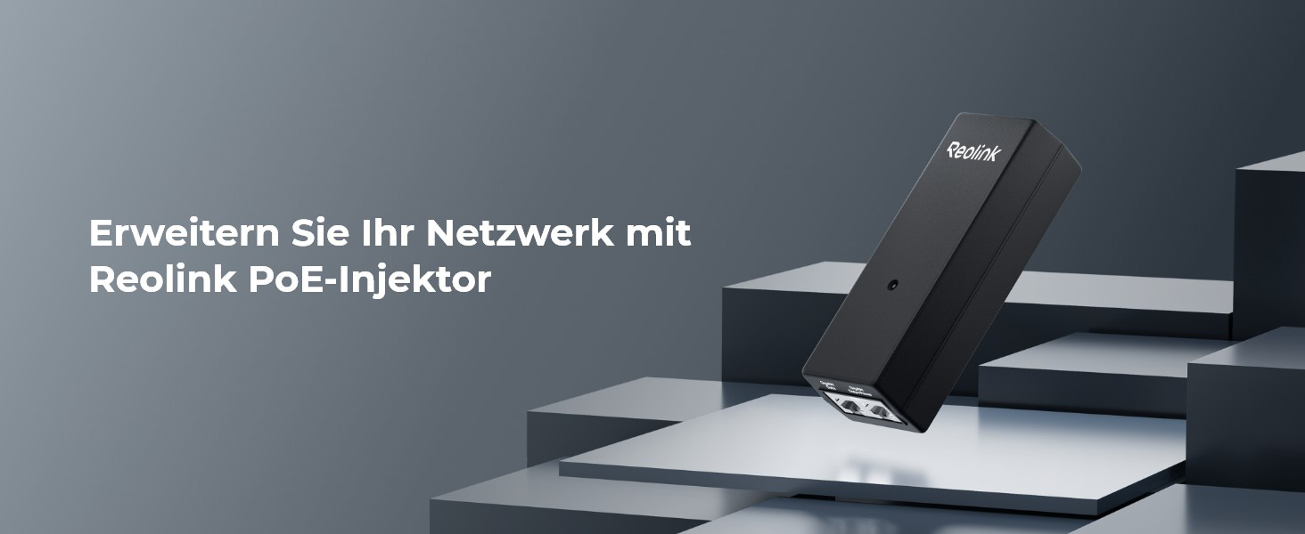 Schwarzer Reolink PoE-Injektor mit zwei RJ45-Buchsen an der Stirnseite – Detail 1